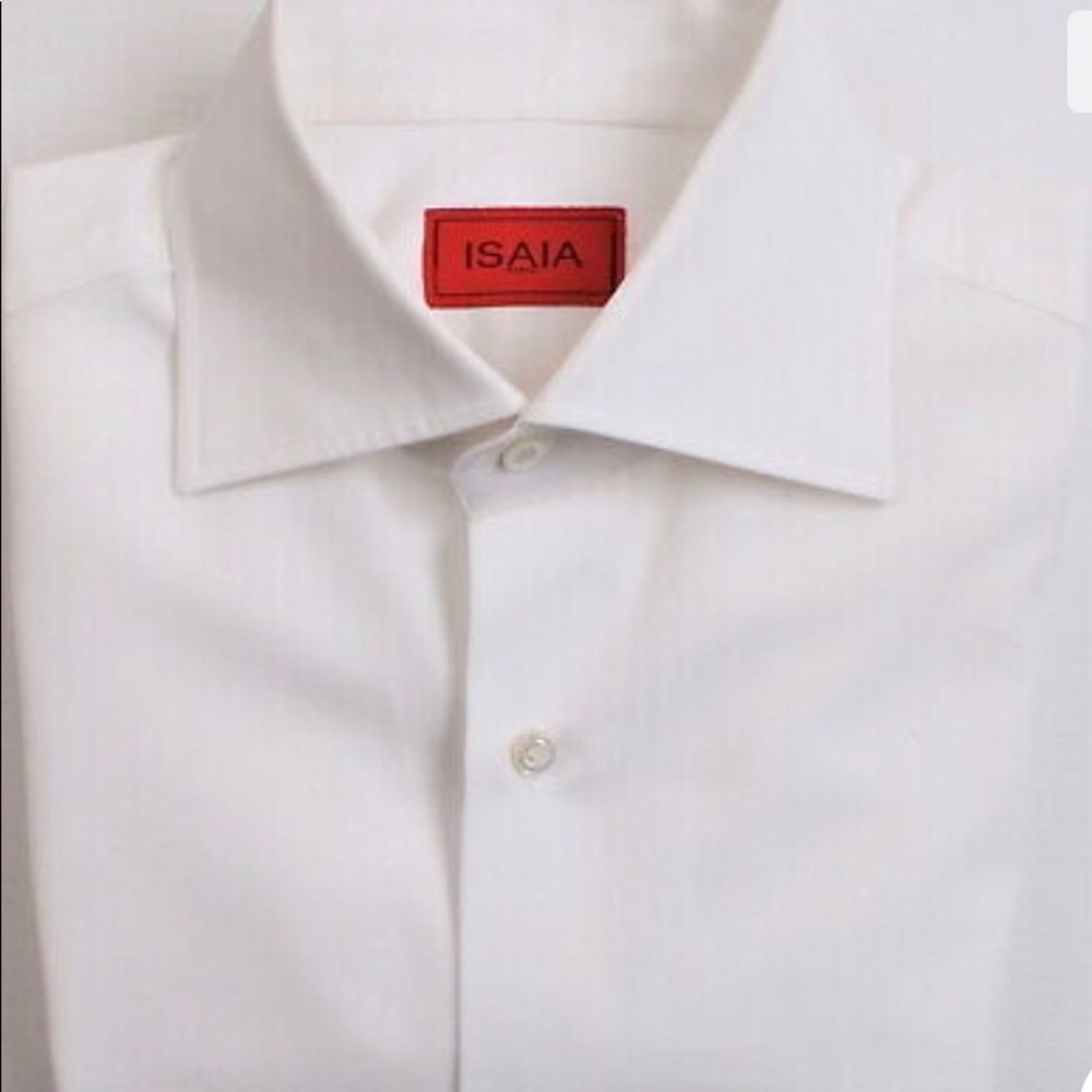 ISAIA MENS WHITE BUTTON DOWN SHIRT. Can use with cuff links. Size 15 1/2.